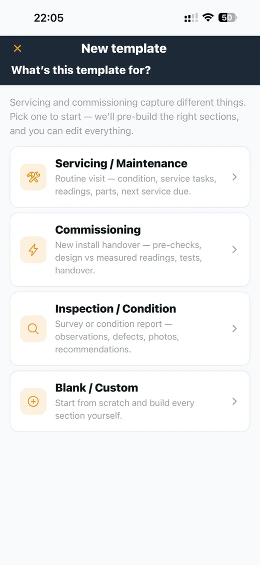 Maintivo app: a new job template screen