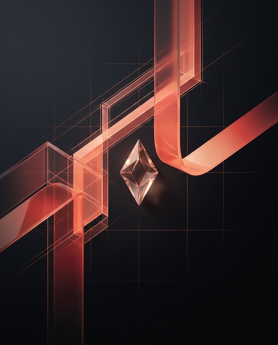 Abstract architectural composition in coral representing YektaD's business architecture and software work