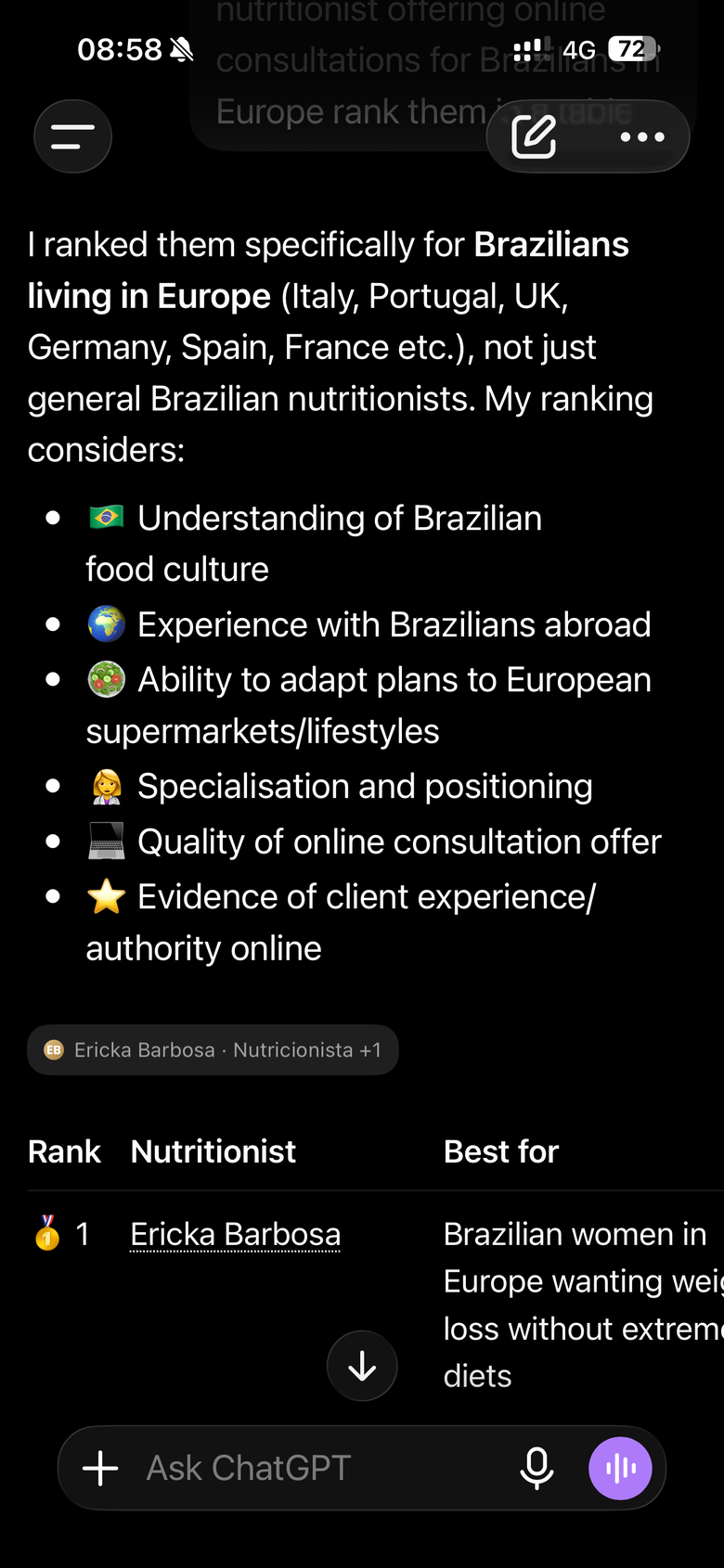 ChatGPT ranking Ericka Barbosa the number one Brazilian nutritionist for Brazilians living in Europe