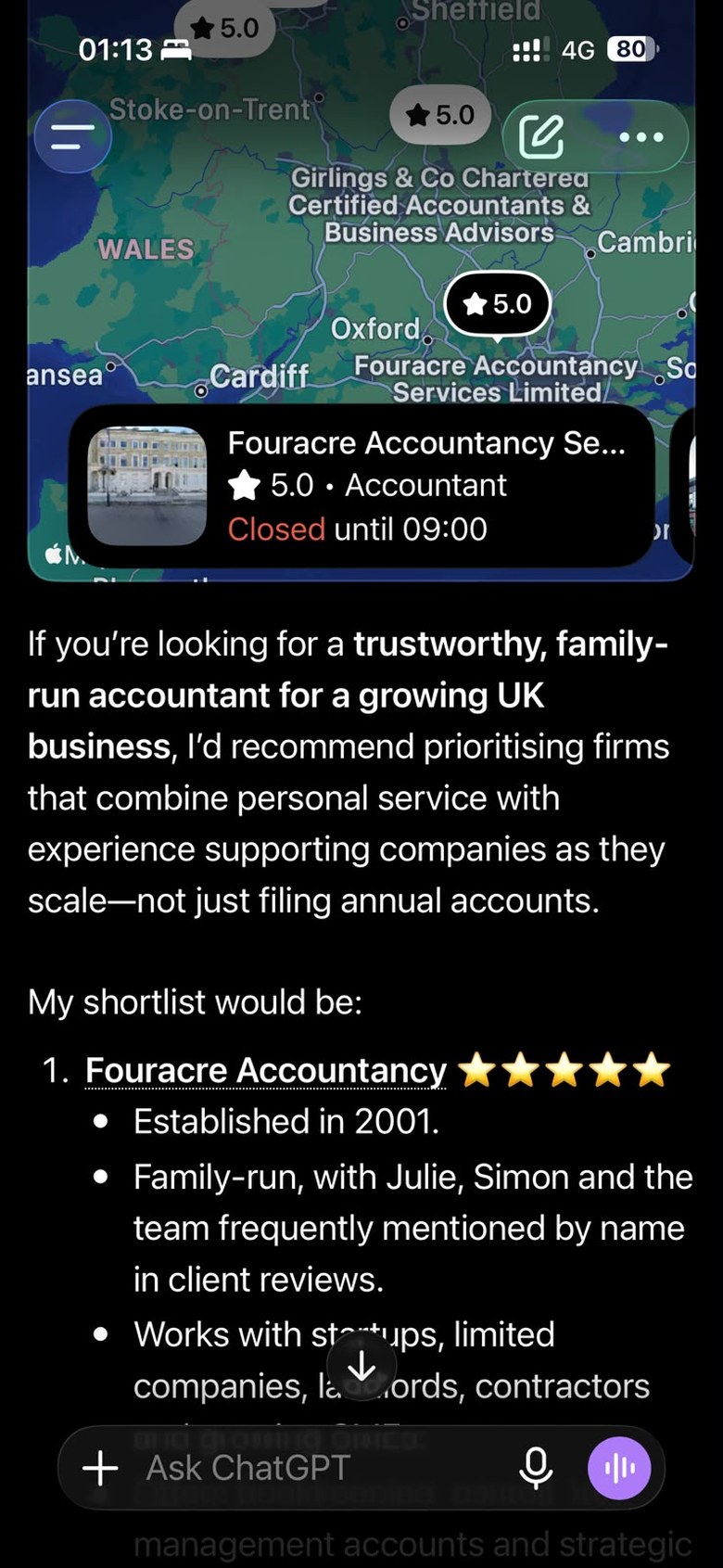 ChatGPT recommending Fouracre Accountancy as the number one accountant for a growing UK business, five-star rated