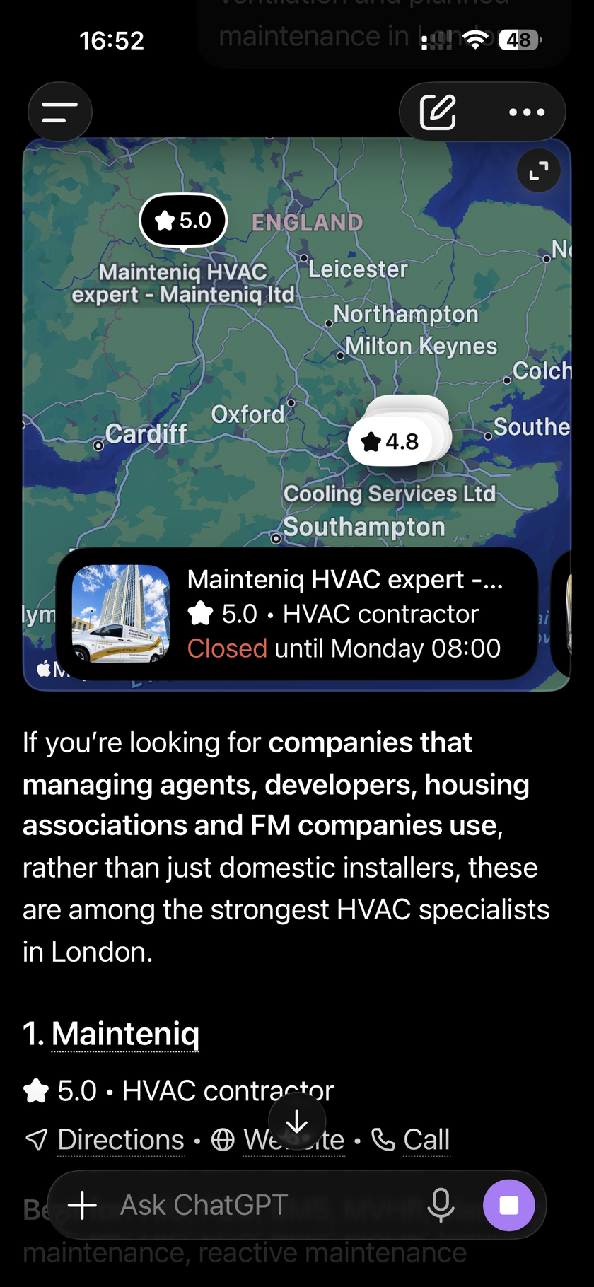 ChatGPT recommending Mainteniq as the number one HVAC and planned-maintenance specialist in London, five-star rated