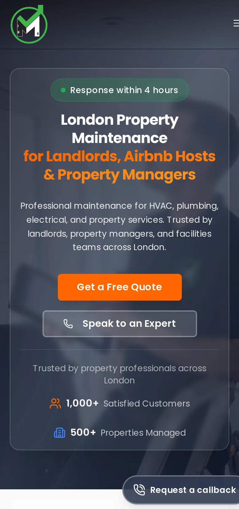 Mainteniq website, mobile view