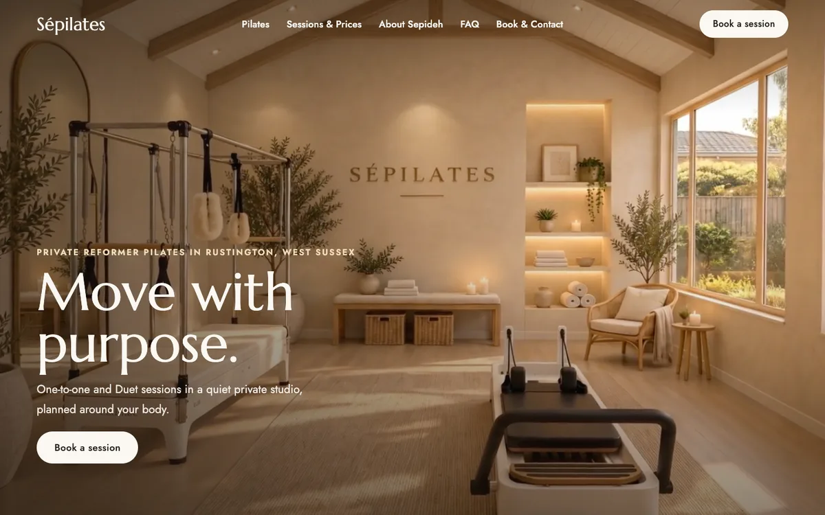 Sépilates website, desktop view